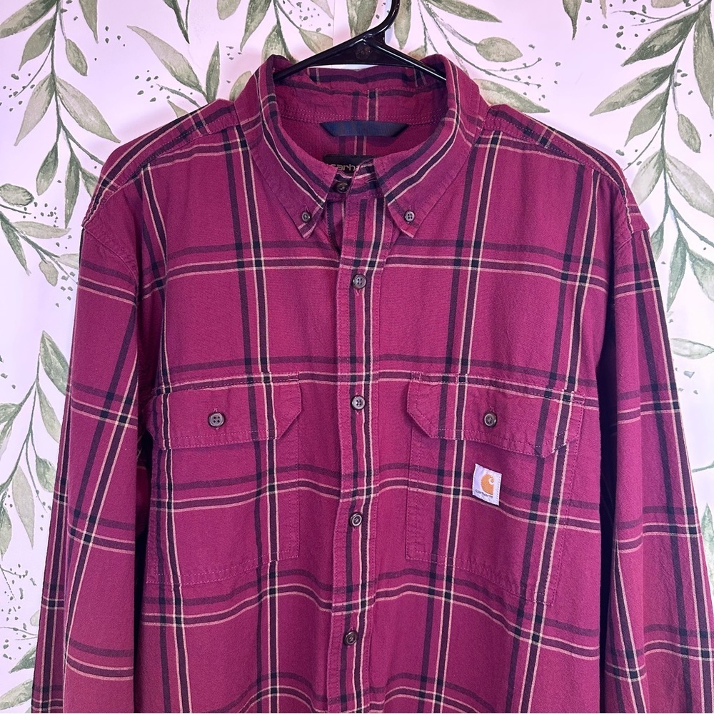 Carhartt Men’s Loose Fit Midweight Chambray Shirt. Deep Red Plaid. Large. - Picture 2 of 9